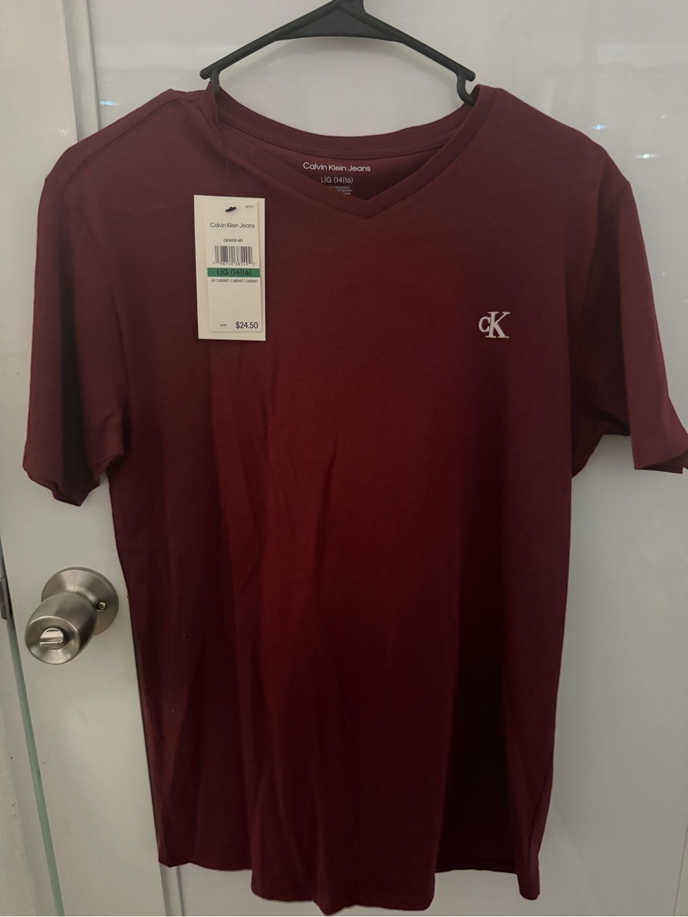 Calvin Klein Jeans Maroon V‑Neck Tee with CK Logo